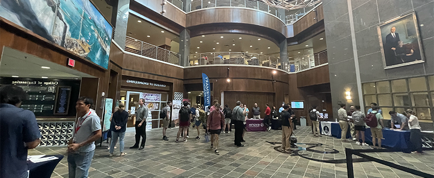 People in the atrium of Shelby Hall